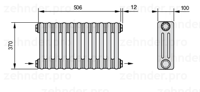 Схема (чертеж) Радиатор Zehnder Charleston 3037/11 №2670 Белый глянцевый RAL 9016